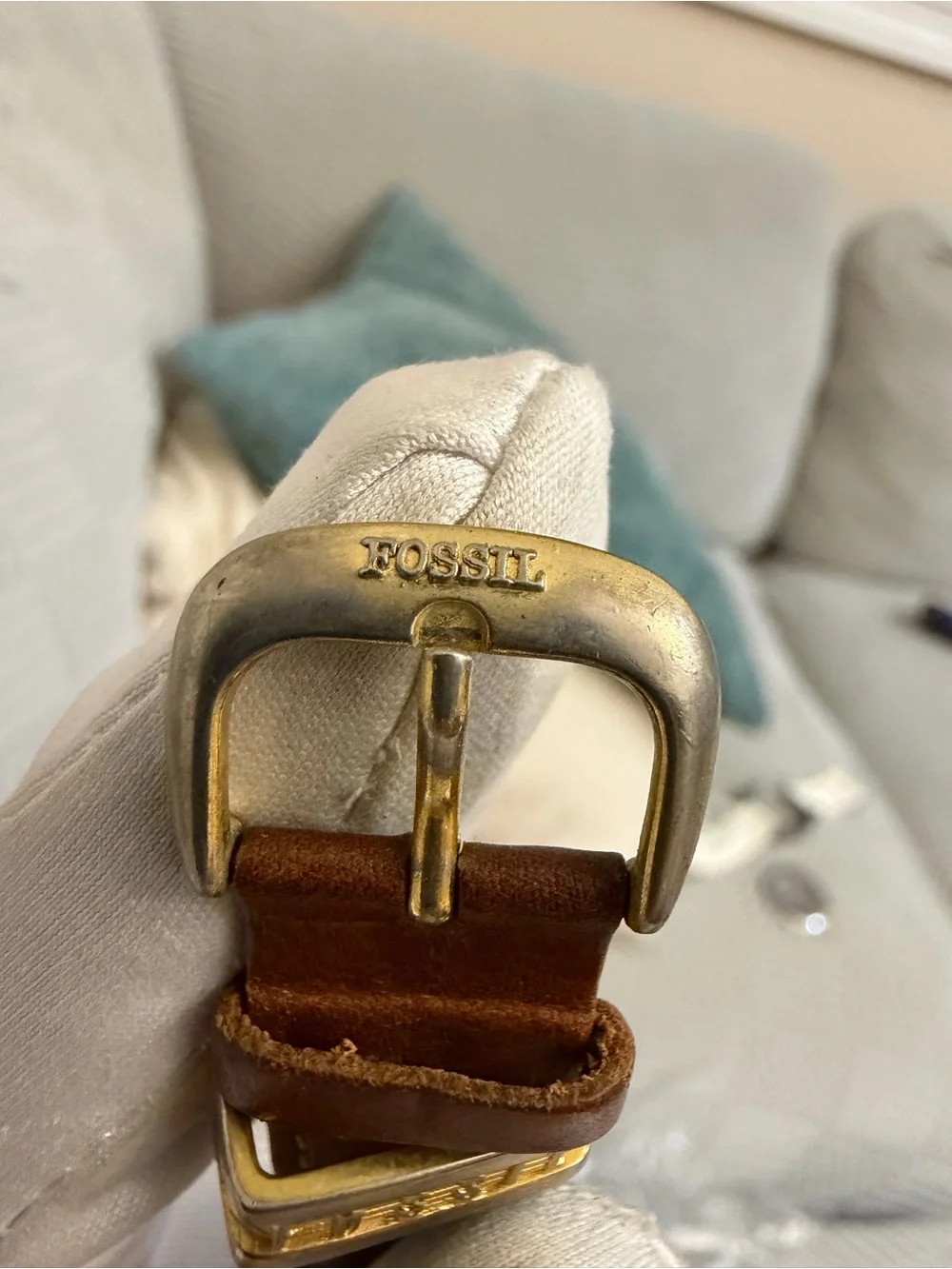 Vintage 90s Fossil RM2514 Watch Two Tone Gold T Bar Lugs Leather New Battery